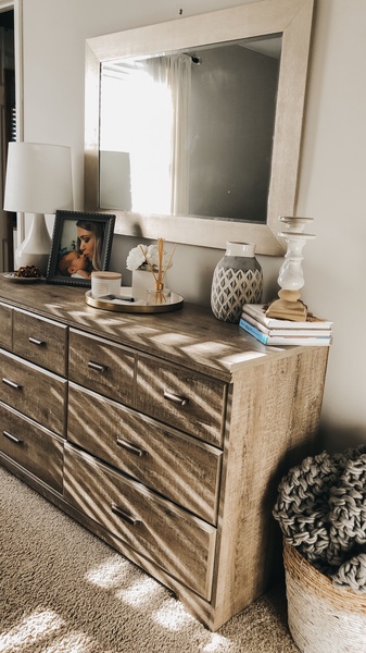 wood dresser, bedroom dresser, storage dresser, chest of drawers, bedroom furniture, brand awareness, lifestyle, calm, warm, neutral, brown